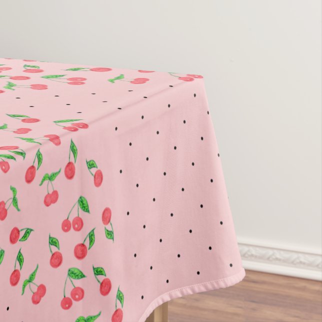 cute watercolor cherry black polka dots pattern tablecloth (In Situ)
