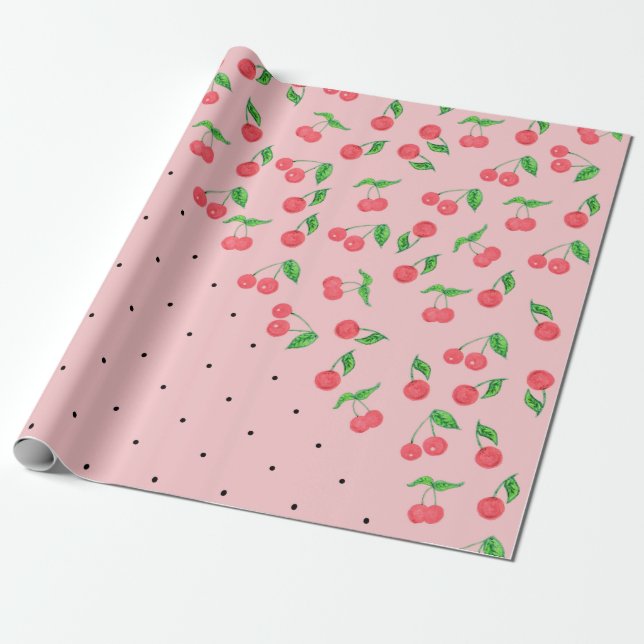 cute watercolor cherry black polka dots pattern wrapping paper (Unrolled)