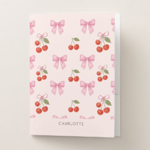 Cute Watercolor Cherry Bow Coquette Pattern Pocket Folder