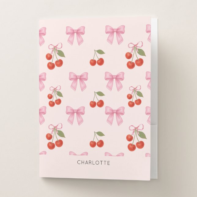 Cute Watercolor Cherry Bow Coquette Pattern Pocket Folder (Front)
