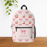 Cute Watercolor Cherry Bow Coquette Pattern Printed Backpack<br><div class="desc">This cute watercolor cherry bow coquette pattern backpack is perfect for women, girls, and kids who adore sweet, feminine, and vintage-inspired designs. Featuring cherries, dainty pink bows, and soft pastel tones, it beautifully blends romantic charm with playful elegance. The whimsical coquette aesthetic brings a flirty, stylish vibe that's both eye-catching...</div>