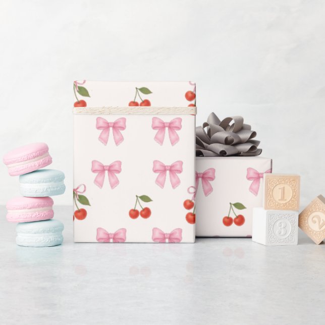 Cute Watercolor Cherry Bow Coquette Pattern Wrapping Paper (Baby Shower)