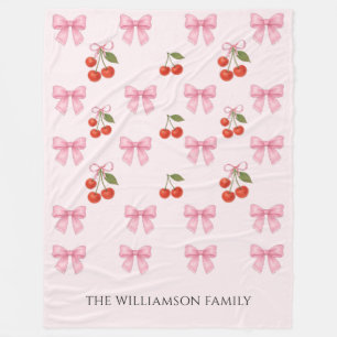 Cute Watercolor Cherry Bow Coquette Personalized Fleece Blanket