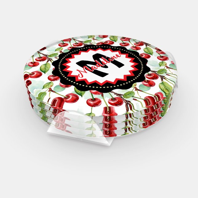 Cute Watercolor Cherry Pattern Personalized Coaster Set (Set)