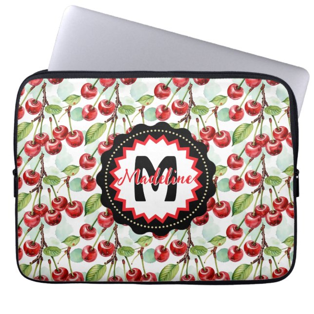 Cute Watercolor Cherry Pattern Personalized Laptop Sleeve (Front)