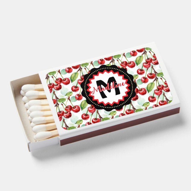 Cute Watercolor Cherry Pattern Personalized Matchboxes (Front Open)