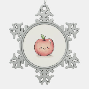 Cute Watercolor Chibi Apple Snowflake Pewter Christmas Ornament