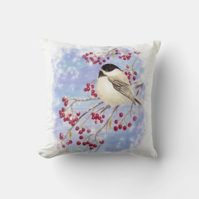 Cute Watercolor Chickadee Berries Snow Scene Art Throw Pillow (Front)