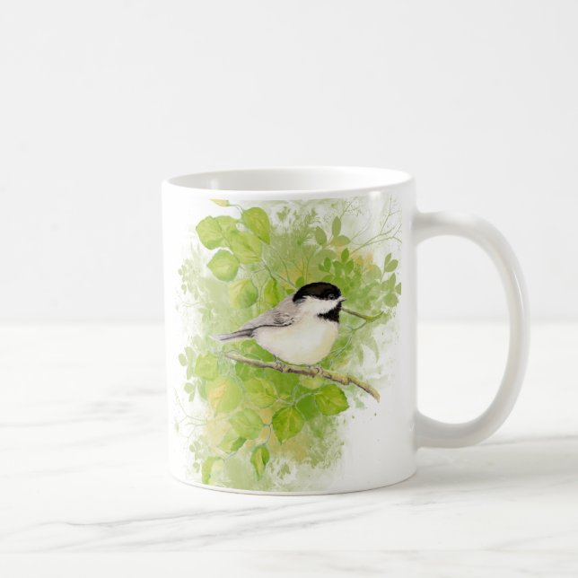 Cute Watercolor Chickadee Bird in Poplar Tree Coffee Mug (Right)