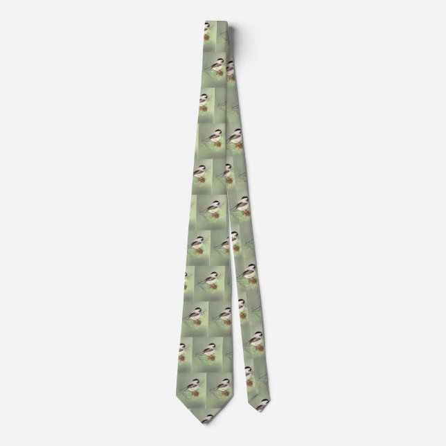 Cute Watercolor Chickadee Bird on Pine Tree Nature Tie (Front)