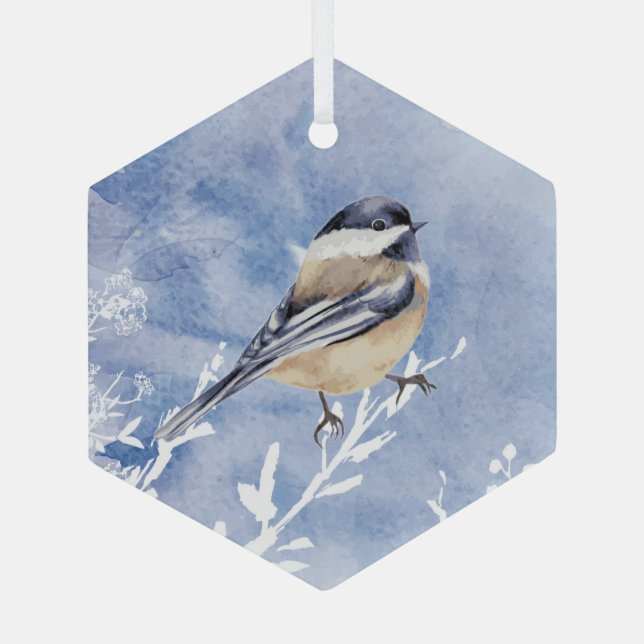 Cute Watercolor Chickadee Bird Painting Art Glass Ornament (Back)