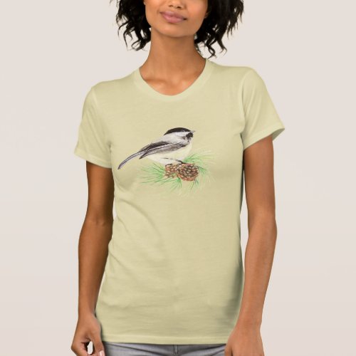 Cute Watercolor Chickadee Bird Pine Tree T_Shirt