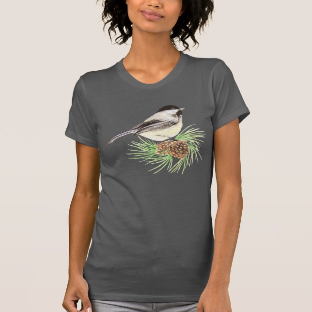 Cute Watercolor Chickadee Bird Pine Tree T-Shirt (Front)
