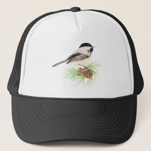 Cute Watercolor Chickadee Bird Pine Tree Trucker Hat