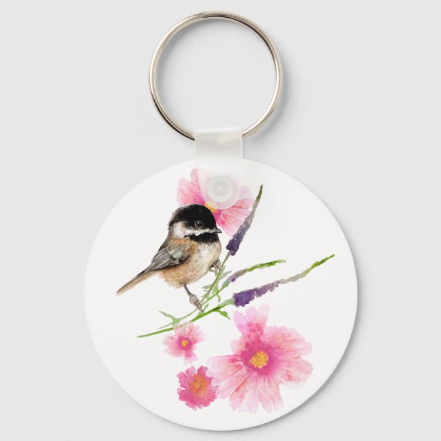 Cute Watercolor Chickadee Flower Art Keychain (Front)