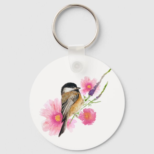 Cute Watercolor Chickadee Flowers Art Keychain (Front)