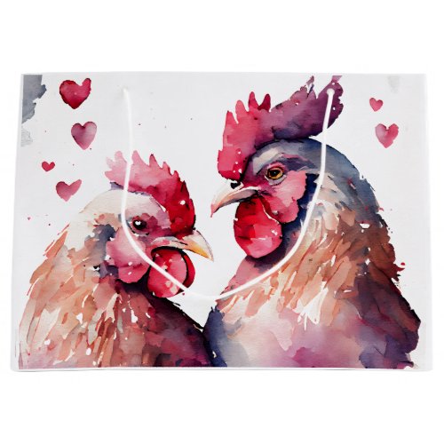 Cute Watercolor Chicken Couple Heart Gray White Large Gift Bag
