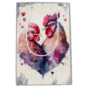 Cute Watercolor Chicken Couple Heart Gray White Medium Gift Bag