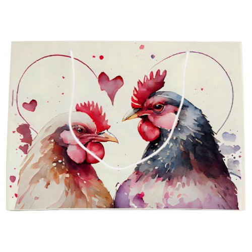 Cute Watercolor Chicken Couple Heart Ivory Large Gift Bag