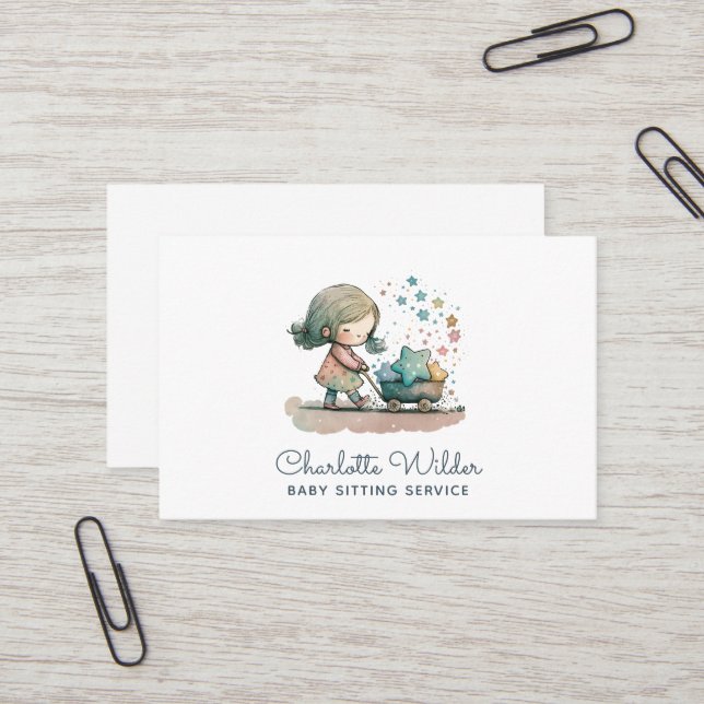 Cute Watercolor Child Baby Sitter Business Card (Front/Back In Situ)