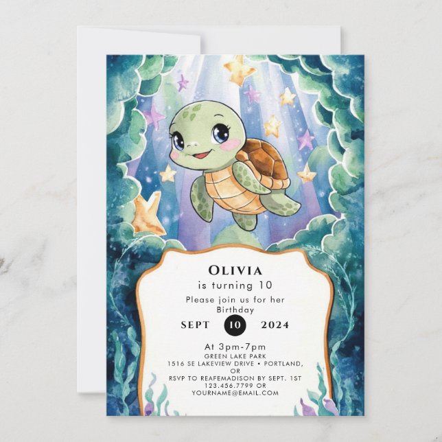 Cute Watercolor Children's Turtle Birthday Invitation (Front)
