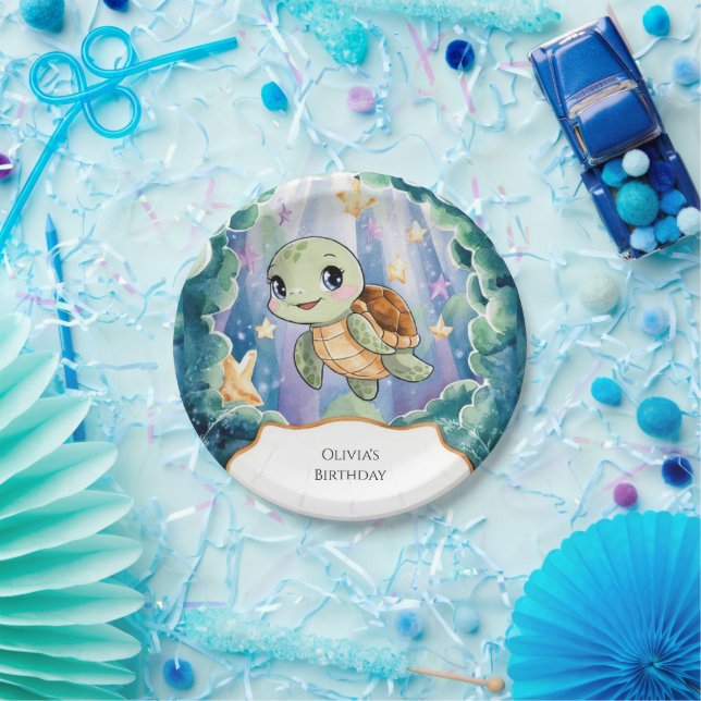 Cute Watercolor Children's Turtle Birthday Paper Plates (Party)