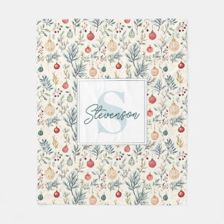 Cute Watercolor Christmas Aesthetic Greenery Fleece Blanket