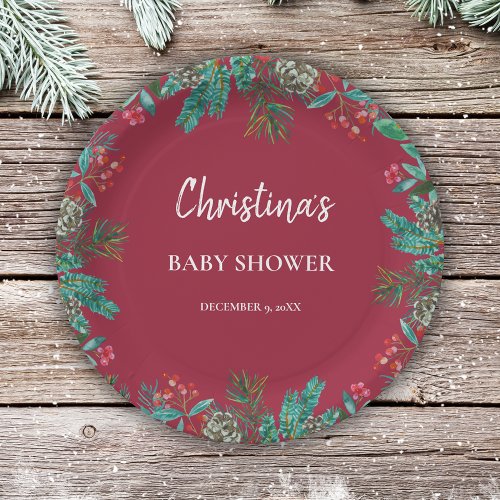 Cute Watercolor Christmas Baby Shower Red Paper Plates