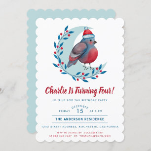 Cute Watercolor Christmas Bird Kid Birthday Party Invitation