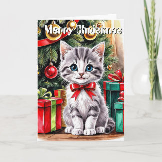 Cute Watercolor Christmas Cat Personalized Greetin Card