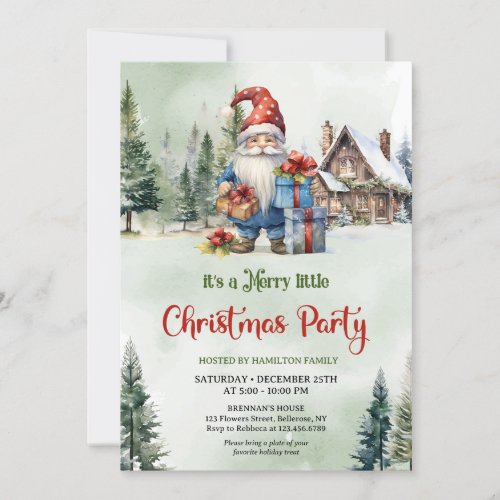 Cute watercolor Christmas gnome with gifts Invitation