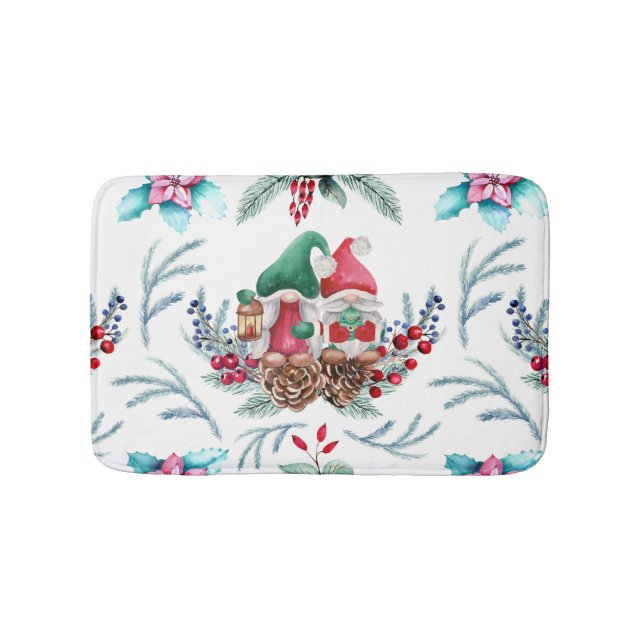 Cute Watercolor Christmas Gnomes Bath Mat (Front)