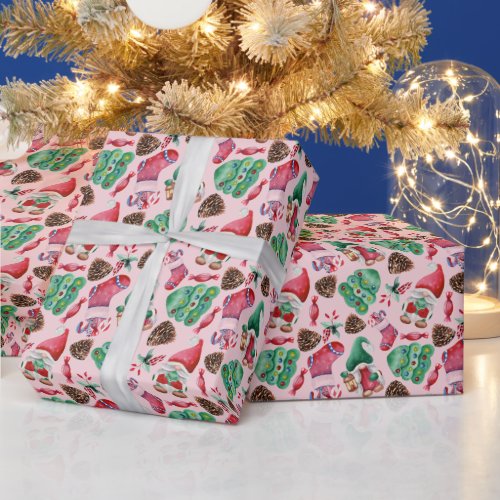 Cute Watercolor Christmas Gnomes Pattern Pink Wrapping Paper