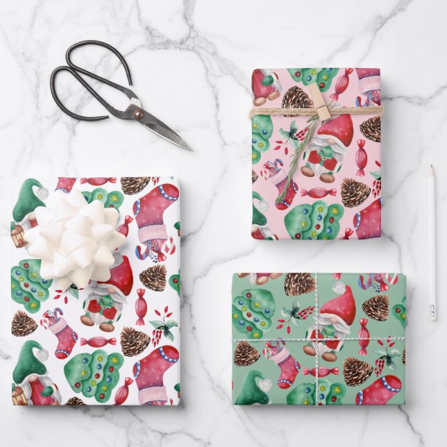 Cute Watercolor Christmas Gnomes Pattern Wrapping Paper Sheets (Front)