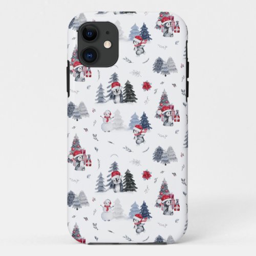 Cute Watercolor Christmas Holiday Penguin Pattern iPhone 11 Case
