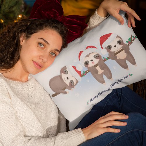 Cute Watercolor Christmas Holiday Sloths Winter Lumbar Pillow