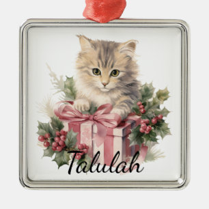 CUTE WATERCOLOR CHRISTMAS HOLIDAY TABBY CAT METAL ORNAMENT