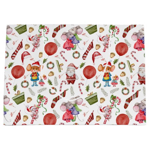 Cute Watercolor Christmas Mice  Santa Kids Large Gift Bag