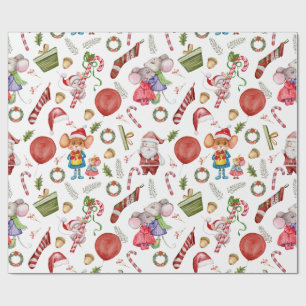 Cute Watercolor Christmas Mice Wrapping Paper