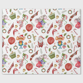 Cute Watercolor Christmas Mice Wrapping Paper