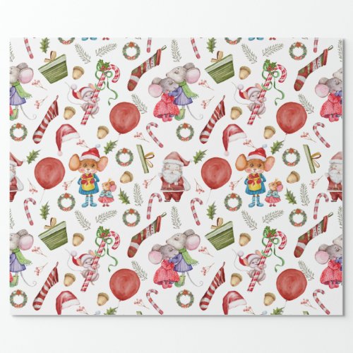 Cute Watercolor Christmas Mice  Wrapping Paper