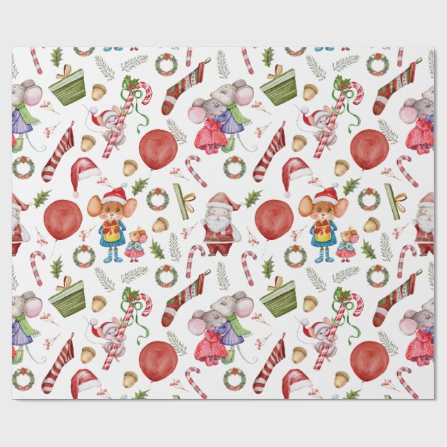 Cute Watercolor Christmas Mice  Wrapping Paper (Flat)