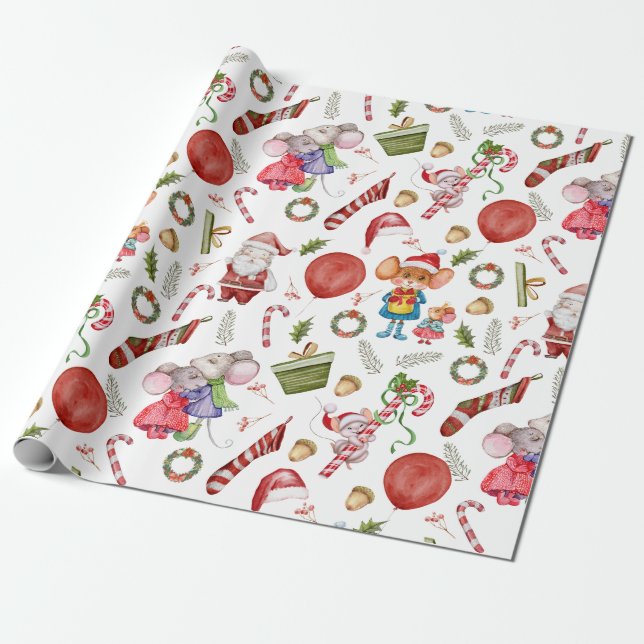 Cute Watercolor Christmas Mice  Wrapping Paper (Unrolled)