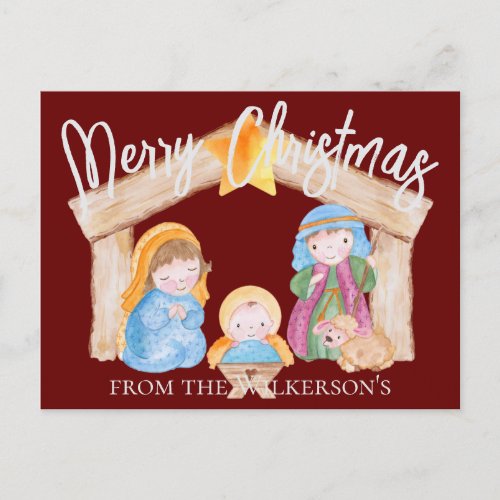 Cute Watercolor Christmas Nativity on Burgundy Holiday Postcard