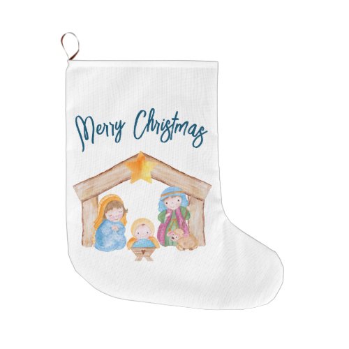 Cute Watercolor Christmas Nativity Scene Large Christmas Stocking