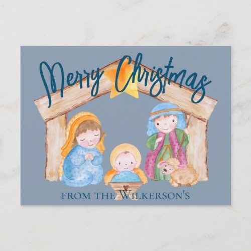 Cute Watercolor Christmas Nativity Scene on Blue Holiday Postcard