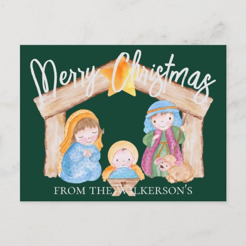 Cute Watercolor Christmas Nativity Scene on Green Holiday Postcard