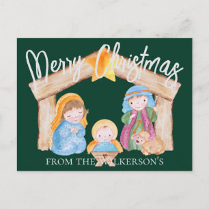 Cute Watercolor Christmas Nativity Scene on Green Holiday Postcard