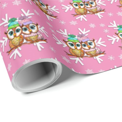 Cute Watercolor Christmas Owls and Snowflakes Pink Wrapping Paper