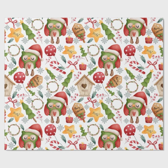 Cute Watercolor Christmas Owls  Wrapping Paper (Flat)